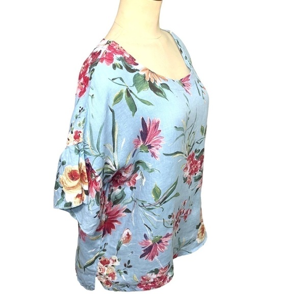 Bella Umbra Linen Blouse Sz M Blue Aqua Floral Tropical Ruffle Sleeves Top Italy - Picture 2 of 11